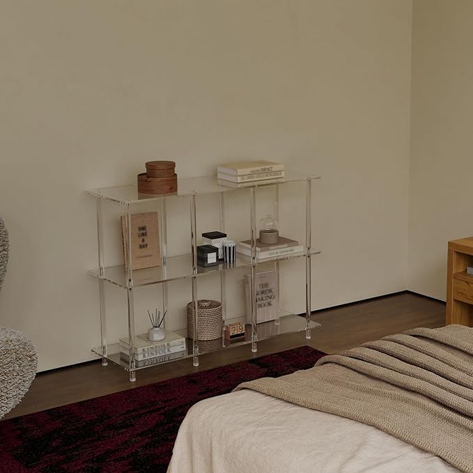 Acrylic Horizontal Bookshelf, 11.6" D x 35.4" W x 26.5" H, 3-Tier Clear 6 Cube Organizer Bookcase, Open Low Book Shelf for Home Office, Living Room, Bedroom, Modern, Easy Assembly