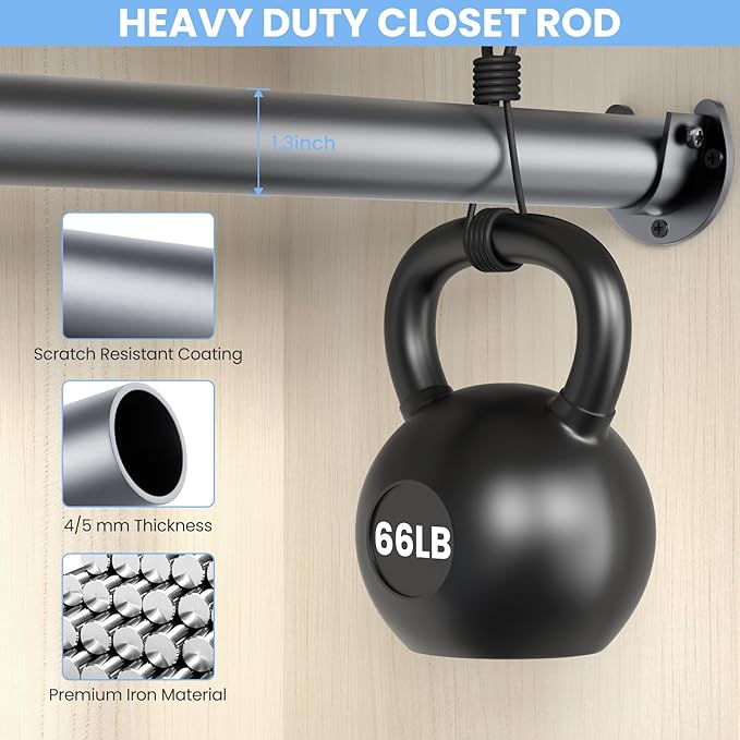 Closet Rods for Hanging Clothes, 17 to 99 Inches No-Cut Stepless Adjustable Closet Rod, 1.3 Inches Expandable Metal Heavy Duty Closet Hanging Rod for Closet Wardrobe Bathroom Laundry RV, Silver