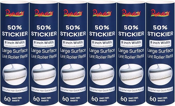 50% Stickier Large Surface Roller Refill for Scotch Brite Pet Hair Pickup Extra Sticky Large Lint Roller 8 inch Sticky Roll Refill 60 Sheets - Pack of 6 Total 360 Sheets