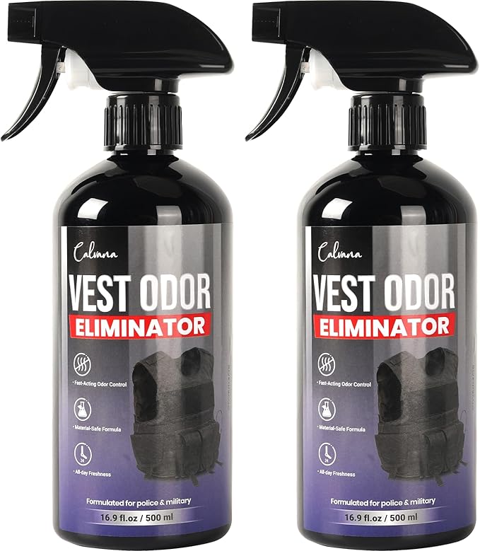 (2-Pack) Calvana 16.9 fl.oz Vest Odor Eliminator Spray, Vest Deodorizer for Security Services & Tactical Equipment, Residue-Free, Safe for All Fabrics, All-day Freshness