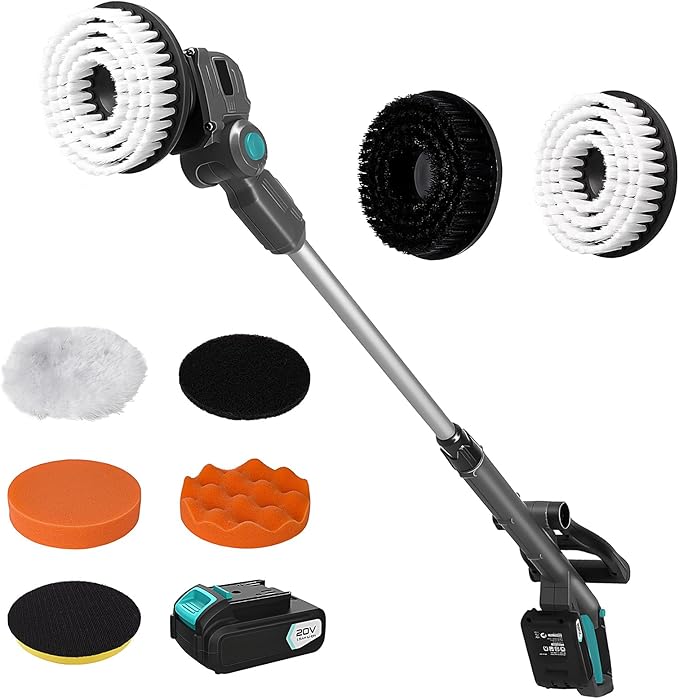 20V Outdoor Electric Brushless Spin Scrubber, Cordless Spin Scrubber with Replaceable Brush Heads and Battery, Power Cleaning Brush for Outdoor, Bathroom Stone, Tile Floor,Grout,Grooves