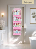 Yecaye 5 Tier 2Pc Over the Door Organizer, Swing-proof Door Organizer Hanging with Clear PVC Windows, Behind the Door Storage for Bedroom Nursery Closet Laundry Pantry Bathroom, Bubblegum Pink