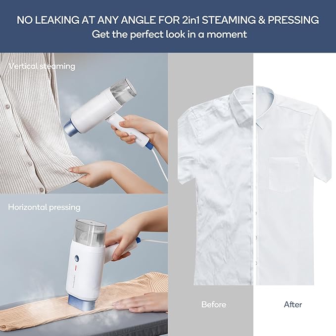 Newbealer Steamer for Clothes, 1200W Travel Steamer with Horizontal & Vertical Steaming, 2 Steam Levels, Dry Ironing, Foldable, 1.5lbs Lightly, 180ml Handheld Fabric Wrinkle Remover (120V Only)