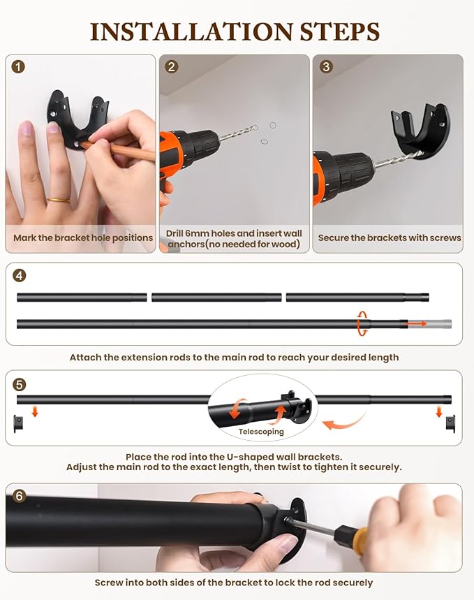 Closet Rod 17-28 IN, Heavy Duty Closet Rods for Hanging Clothes, Adjustable Closet Rods for Wardrobes Storage Laundry RV Bathroom, Easy Install, Black