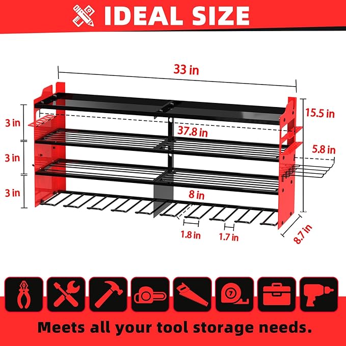 Power Tool Organizer Wall Mount with 8-Drill Holders-400Lbs Load Heavy Duty Metal 4-Layers Garage Storage & Organization Battery Tools Rack with Side Panels Utility Racks Workshop Gifts for Men