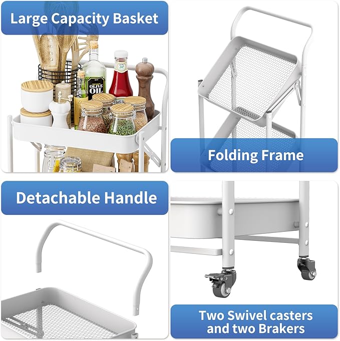 JAQ Foldable Rolling Cart, 3-Tier Metal Small Folding Storage Utility Carts Basket Rack Organizer with Handle on Wheels for Snacks Books Fruits for Kitchen Laundry Room Bathroom - (White, 3-Layer)