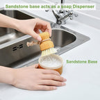 SUBEKYU Bamboo Dish Brush Set with Soap Holder, Wooden Dish Scrubber with Soap Dispenser, Natural Kitchen Scrub Brush, Washing Pot/Pans/Cast Iron, 2 Pack, Sisal Bristles