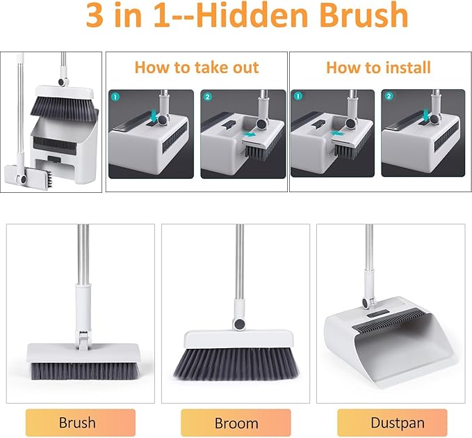 3 in 1 Broom and Dustpan Set with Adjustable Push Broom with 48.8“ Long Handle for Floor Sweeping Outdoor Indoor Sweeping Combo for Home & Kitchen (White)