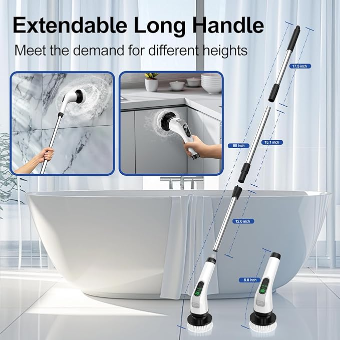 Electric Spin Scrubber with Long Handle: ALPONO Cordless Power Shower Scrubber Spin Brush with 7 Brush Replacement Heads for Cleaning Bathroom,Tub, Tile (Black)