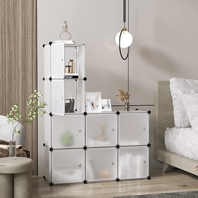 C&AHOME Cube Storage Organizer with Doors, 8-Cube Shelf, Closet Cabinet, DIY Plastic Modular Bookshelf, Storage Shelves Ideal for Bedroom,Living Room,24.8" L × 12.4" W × 48.4" H White USBTM3008B-DOOR