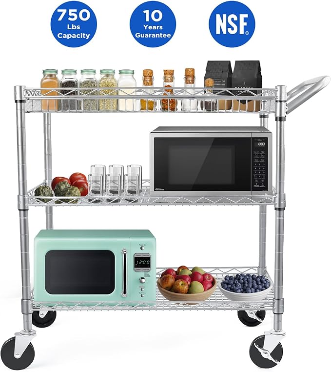 WDT Heavy Duty 3 Tier Utility Cart,Wire Rolling Carts with Wheels, Commercial Grade Service Cart with Shelving Liners and Handle Bar Metal Carts for Kitchen Office Hardware (750LBS Capacity Silver)