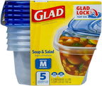Glad GladWare Medium Rectangle Food Storage Containers with Lids, BPA Free Plastic for Soups Salads and Meal Prep, Airtight Leak Resistant, Microwave Dishwasher Freezer Safe, 24 Oz, 5 Count