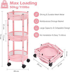 TOOLF 3-Tier Foldable Metal Storage Rolling Cart, Collapsible Utility Cart, No Assemble, Multifunction Organizer Trolley with Lockable Wheels for Kitchen, Living Room, Bathroom, Pink