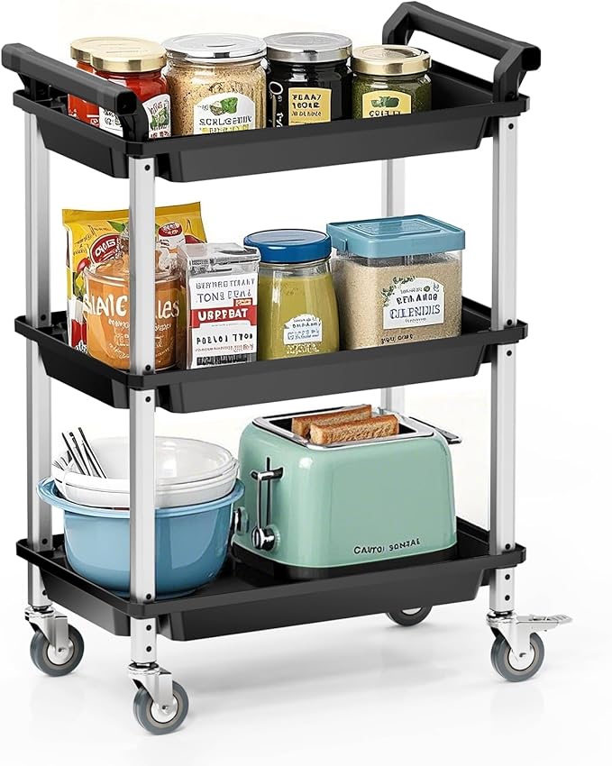 3 Tier Rolling Cart,Plastic Utility Cart with Handle,Rolling Carts with Wheels,Utility Cart with Lockable Casters, Multi-Functional Organizer Cart for Bedroom, Living Room, Kitchen,Office(Black)