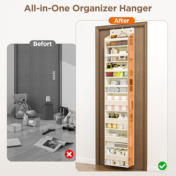 Over The Door Organizer, 8 Shelf Door Hanging Organizers with 8 Large Capacity Pockets, Back of Door Organizer Storage Hanging Shelves for Closet Bathroom Bedroom Nursery