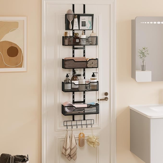 Adjustable Over The Door Organizer, Closet Door Organizer Heavy Duty Hanging Door Storage with 4 Metal Baskets and PVC Pocket, Behind Organizer for Bathroom Closet Bedroom Cabinet, Black
