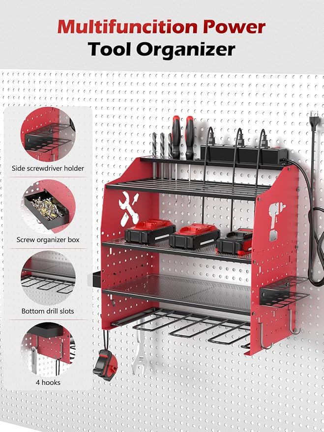 [2025 Upgraded] Power Tool Organizer Wall Mount with Charging Station, [5-Layer 220 LBS Heavy Duty], Metal Garage Tool Organizer Storage, Tool Battery Utility Racks for Room Garage Workshop Workbench