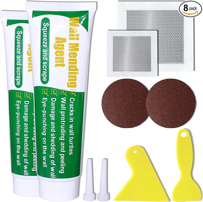 Wall Repair Patch Kit, Wall Mending Agent Drywall Repair Putty & 4 Inch & 2 Inch Mesh Drywall Repair Kit, Wall Repair Patch kit with Scraper and Sandpapers, GMingZTong