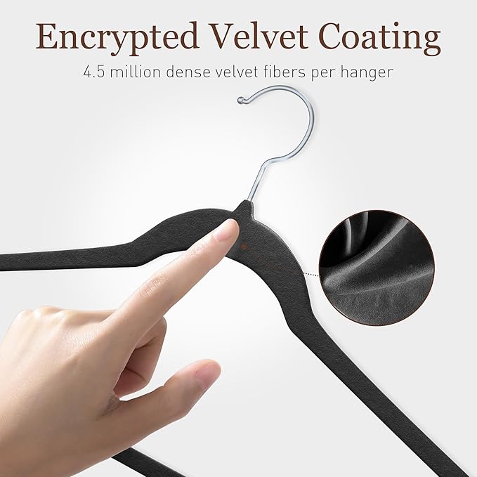 Velvet Hangers 50 Pack, Slim Non-Slip Clothes Hangers Space-Saving for Closet, Heavy Duty for Pants, Coats, Skirts, Jeans, Sweaters and More, Nylon-Flocked, Black