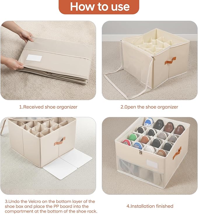 Shoe Organizer for Closet, Foldable Shoe Storage Organizer Containers with Clear Cover, Space Saving Shoes Holder with Handles, Beige (2, L)