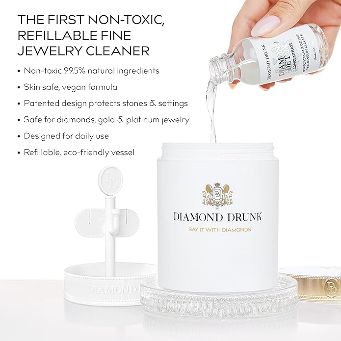 Diamond Drunk The Starter Collections - Non-Toxic, Fine Jewelry Cleaning Kit for Diamond, Gold, & Platinum Rings & More - 2 Months Supply of Safe, Sustainable Cleaner to Restore Shine - Patented Bauble Basket & Reusable Vessel