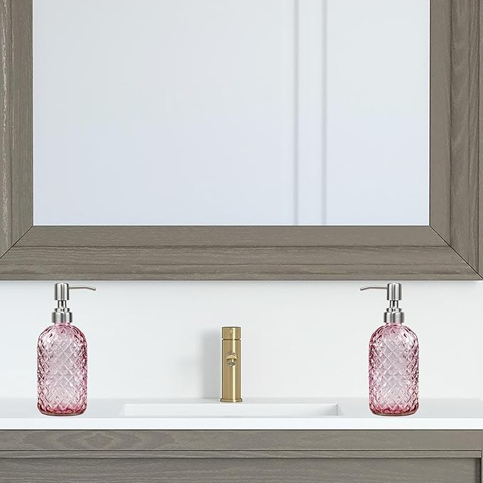 16 oz Soap Dispenser with 304 Rustproof Stainless Steel Pump, Kitchen, Bathroom Refillable Glass Liquid Soap Dispenser for Hand Soap, Soap, Lotion. (Pink-2pack)