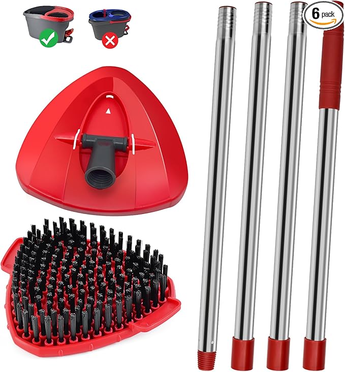 4 Part Stainless Steel Spin Mop Handles, Mop Base & Upgrade Scrub Brush Combo for Ocedar EasyWring 1 Tank Spin Mop System, Mop Handle Mop Base & Brush Set for O Cedar Mop, Universal Thin Screw Joints