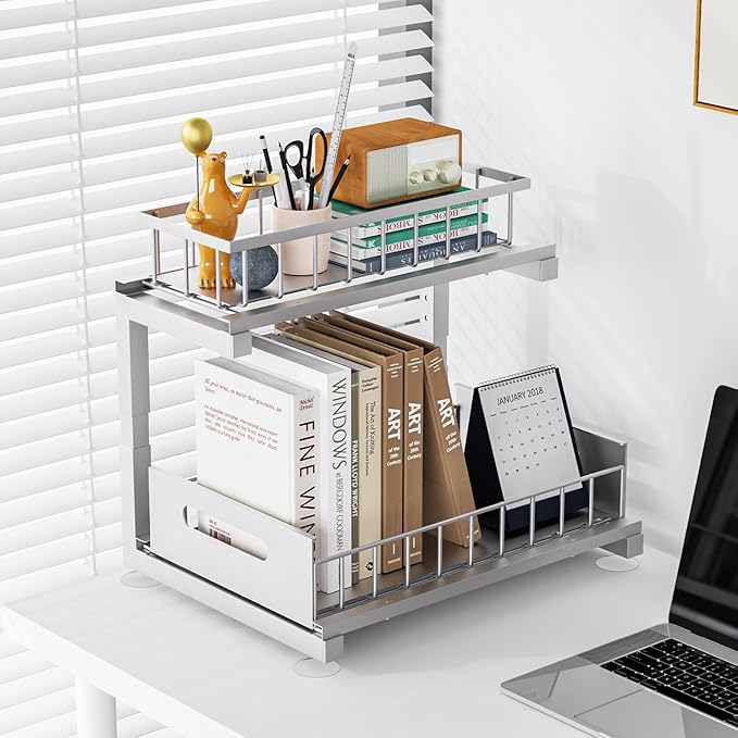 Under Sink Organizer Storage 2-Tier Heavy Duty Metal Pull Out Cabinet Organizer Slide Out Sink Shelf Organizer Height Adjustable, Multi-Purpose Storage Shelf for Kitchen Bathroom (Silver, 1 Pack)