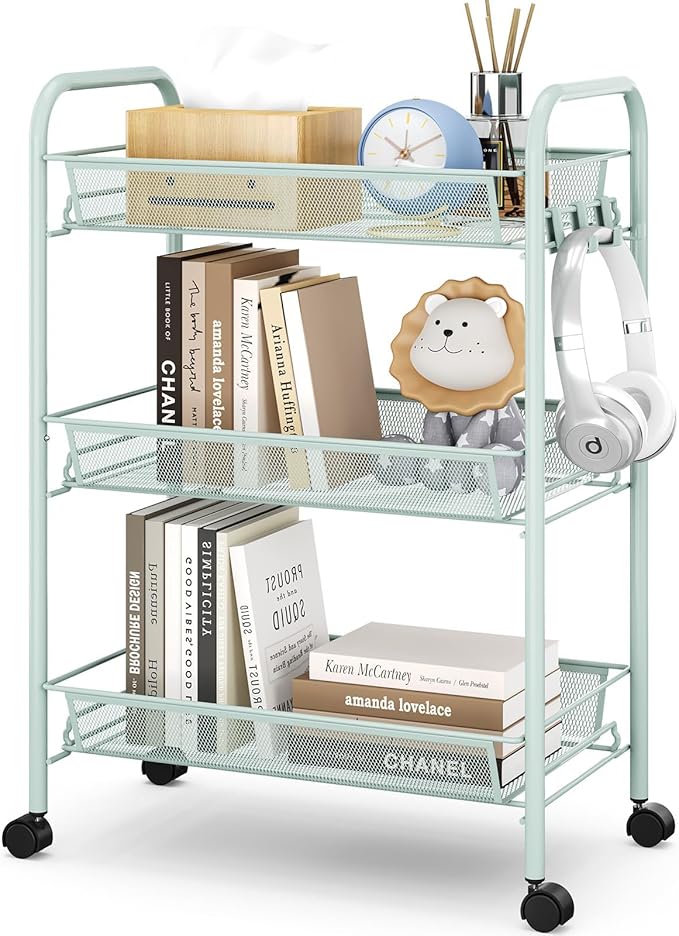 TOOLF 3-Tier Metal Rolling Cart, Mesh Wire Easy Assemble Utility Cart, Storage Trolley on Wheels with 3 Hooks, MetalStorage Shelving Units for Kitchen Bathroom Laundry Room