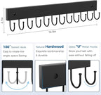 Belt Hanger Wall Mounted, Wooden Belt Organizer Max 12 Storage Capacity, 180° Rotating Space Saving Hangers for Ties, Tank Tops, Scarves, Bras, Keys, Bags 1 Pcs Black