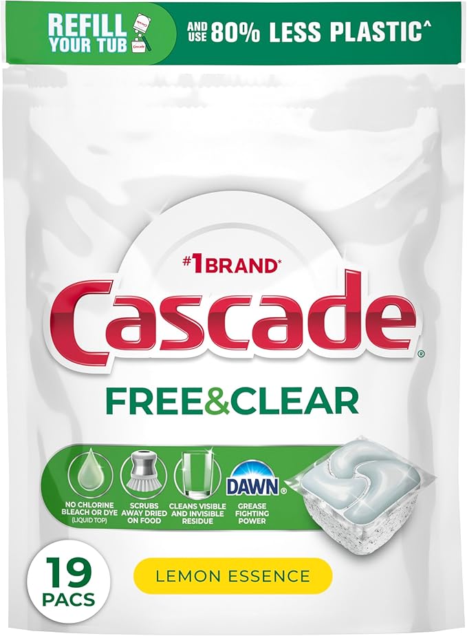 Cascade Free & Clear Dishwasher Pods, Dishwasher Detergent, Dish Detergent Soap, Lemon Essence, 19 Count