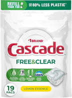 Cascade Free & Clear Dishwasher Pods, Dishwasher Detergent, Dish Detergent Soap, Lemon Essence, 19 Count