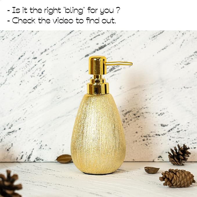 Brushed Gold Ceramic Soap Dispenser, 11 oz Textured Hand or Dish Soap Dispenser with Golden Plastic Pump for Bathroom or Kitchen Countertop