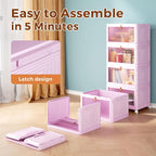 4 Tier Stackable Plastic Storage Bins with Lid and Wheels - 23 QT Closet Organizers and Foldable Storage Containers, Organization Boxes for Craft, Home, Pantry, Dorm, Pink