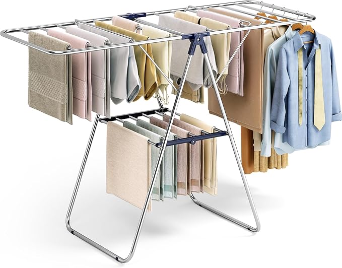 KINGBOARD Clothes Drying Rack, Laundry Drying Rack with Height-Adjustable, Foldable Gullwing for Easy Storage, No Assembly, Indoor Outdoor Use, 56.4" D x 21.6" W x 39.3" H, Blue