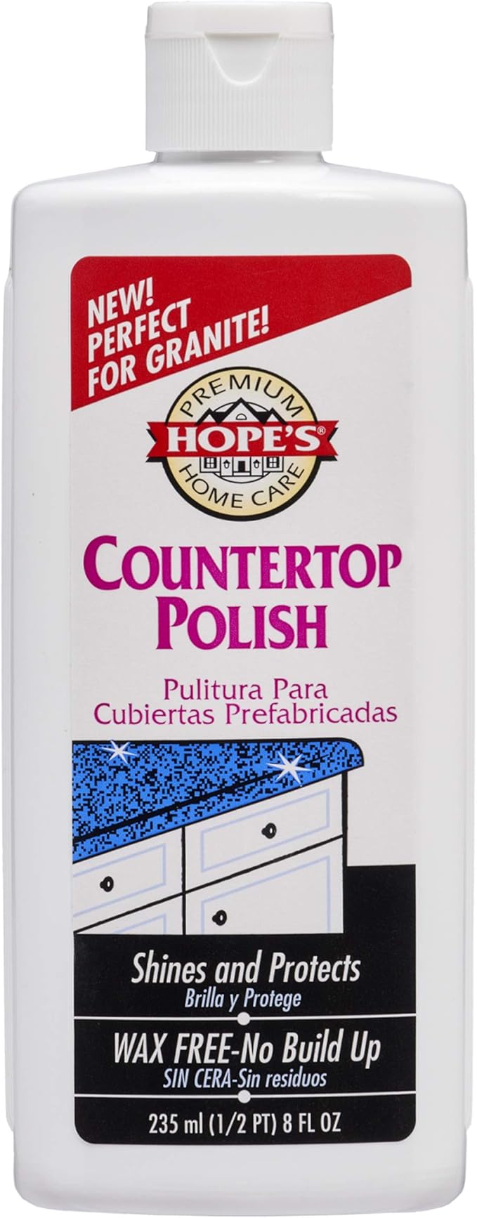 HOPE'S Countertop Restoration Polish - Shines and Protects with No Build-Up - Streak-Free Kitchen Counter Cleaner - Quartz, Marble, Corian, Laminate, Granite Countertop Cleaner, 8 Fl Oz, Pack of 1