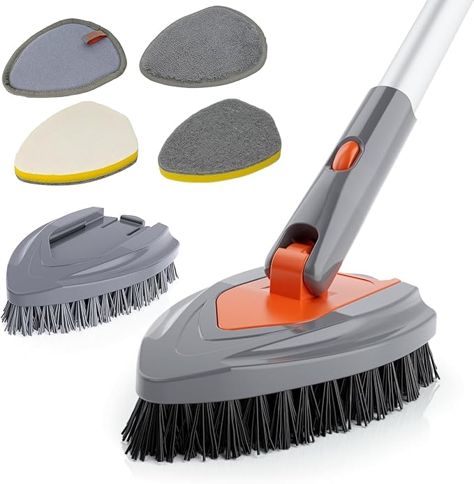 Eazer 4-in-1 Long-Handled Tub Scrubber-Versatile Bathroom Cleaning Brush with Shower Scrubber-Ideal Shower Cleaner Brush for Efficient Cleaning-Long Handle Scrub Brush for Shower, Tub, and Bathroom