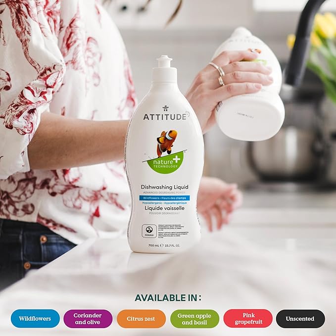 Bundle of ATTITUDE Kitchen Cleaner, EWG Verified, Advanced Degreasing Power, Plant and Mineral-Based, Vegan, Citrus Zest, 27.1 Fl Oz + Dishwashing Liquid, Citrus Zest, 23.7 Fl Oz