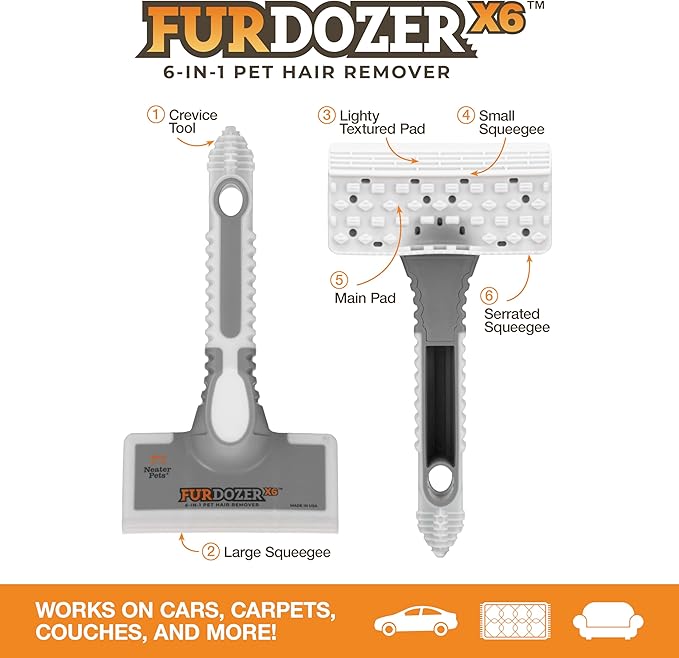 FurDozer Pet Hair Remover & Auto Detailing Tools - Cat & Dog Hair Remover for Carpets, Car Interiors, Couches, Bedding, & Pet Furniture (Gray, (2 Pack) - X6)