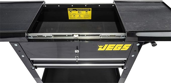 JEGS Heavy-Duty Tool Box Cart | 220 LBS Capacity | Uses Four 4” Caster Wheels | Includes 2 Keyes and 6 Drawer Liners | Black with JEGS Logo | 2 Locking Drawers | Sliding Top