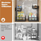 1 Pack 15.7IN-Depth Under Sink Organizer with Smooth Cylindrical Rail,2-Tier Pull Out Multi-Purpose Cabinet Storage for Bathroom&Kitchen,Height Adjustable,Rust-Resistant Coating-Black