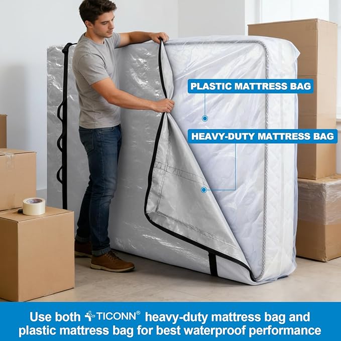 TICONN Mattress Bags for Moving, Heavy Duty King Mattress Cover Storage Bag with Full-Around Handle and Adjustable Buckles (Gray, King)