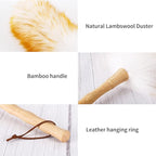 Lambs Wool Duster with Solid Bamboo Handle,Leather Hang Strap,18.9 inch Long,Natural Feather Duster for Cleaning Ceiling Fans,Window Blinds,Computer Screens,Bookshelves etc