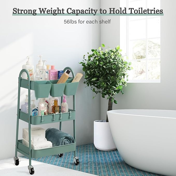 danpinera 3-Tier Rolling Cart, Metal Rolling Storage Cart with Lockable Wheels & Hanging Cups & Hooks, Mobile Trolley for Kitchen, Bathroom, Office, Workshop, Green