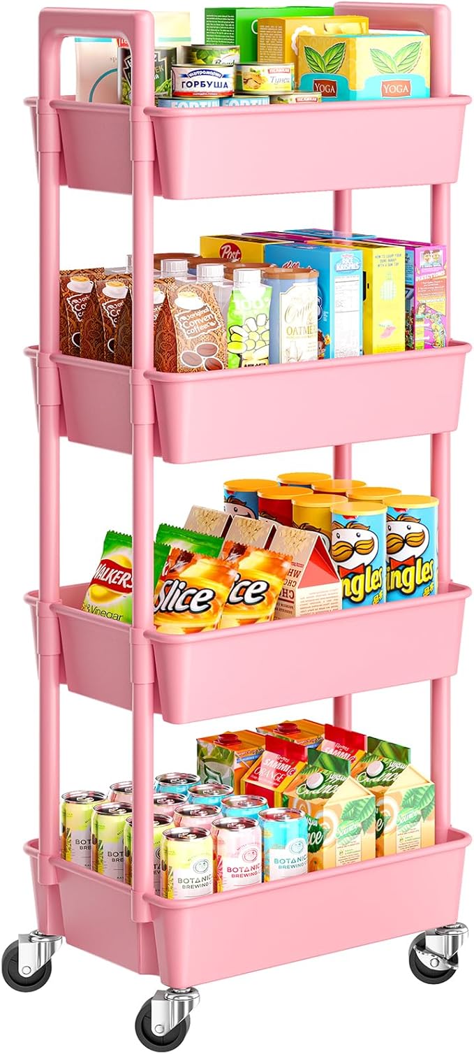 Pipishell 4-Tier Rolling Cart, Plastic Cart with Lockable Wheels & Reinforced Handle, Lightweight Utility Storage for Nursery, Bathroom, Craft Room, Pink