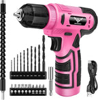 8V Cordless Drill, Drill Set with 3/8"Keyless Chuck, Built-in LED, Type-C Charge Cable, 12N.m, Variable Speed Trigger, Pink Electric Screwdriver for DIY- Women