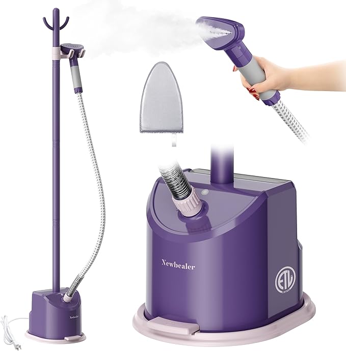 Newbealer Standing Garment Steamer - 1500W Full-Size Vertical Clothes Steamer with Foot Pedal, 57.5oz (1.7L) Large Water Tank, 45s Fast Heat-Up, 50-Min Powerful Steaming, Auto-Off (Purple)