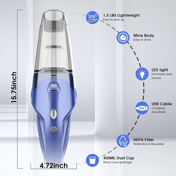 Handheld Vacuum Cordless Rechargeable – 6000Pa Mini Hand Held Vacuum, LED Light, 20–25 Mins Runtime, USB Charging, 500ML Cup – Lightweight Small Vacuum Cleaner Cordless for Car/Office/Home