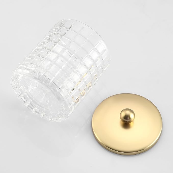Clear Tranparent Apothecary Etched Geometric Grid Glass Jar W/Gold Metal Lid Cover for Bathroom Organization, Cotton Balls, Q Tips, and Small Accessories, Bathroom Storage