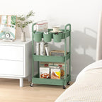 MOYIPIN 3-Tier Plastic Rolling Utility Cart with Handle,Utility Storage Cart for Office, Living Room, Kitchen,Movable Storage Organizer Shelves,Green with 6 Hanging Cups